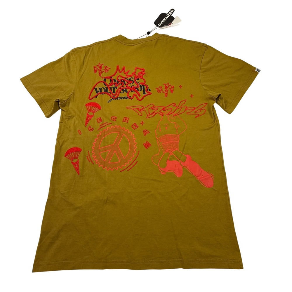 Ice Cream BBC Mens Oversized Graphic T-Shirt Mustard Yellow Red Embroidered S